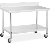 Royal Catering Metāla ēdināšanas galds uz riteņiem ar plauktu un malu, TĒRAUDS, 70 x 120 cm