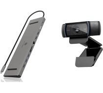 ICY BOX USB-C dokstacija (11-in-1) 2 monitoriem (2x HDMI un 1x VGA) un Logitech C920 HD PRO tīmekļa kamera, Full HD 1080p ANEB0CH35YPPVT
