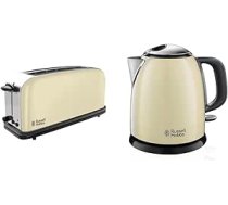 Russell Hobbs Colours+ krēmkrāsas tosteris ar garu slotu, īpaši plata 1 kamera ar garu spraugu, ietver bulciņu stiprinājumu, 1000 W un Mini Kettle Colours+ krēmkrāsas, 1,0 l, 2400 W, ātras vārīšanas funkcija