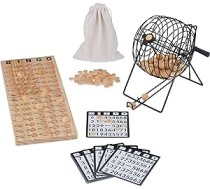 Relaxdays Bingo spēle, Lot Drum, 75 bumbas, 18 kārtis, 150 žetoni, spēļu galds, bērni, pieaugušie, koks, dabīgs/melns