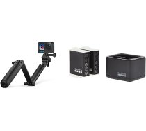 GoPro 3-Way 2.0 (statīva/rokturis/pagarinātāja svira) — oficiālais GoPro piederums, AFAEM-002, melns un divu bateriju lādētājs + 2 enduro baterijas (HERO11 Black/HERO10 Black/HERO9 Black) — oficiālais Go. Pro-Zu. Piederumi