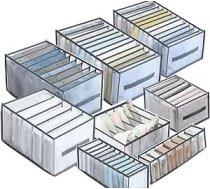 Iepakojumā 8 Organizer System Garderobes skapis, Salokāms skapja apģērbu organizators no sieta, Bikšu organizators ar rokturi, Kaste apakšveļai, Krūšturi, Zeķes, Kaklasaites, T-krekls un Džinsi