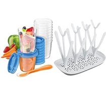 Philips Avent SCF721/20 uzglabāšanas krūzes bērnu pārtikai, iepakojumā 20 (10 x 180 ml, 10 x 240 ml), ar skrūvējamu vāku un SCF149/00 žāvēšanas statīvu, balts/zils