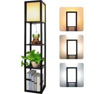 Koka grīdas lampa ar plauktu 3 krāsu temperatūras 3000-5000 K, stāvlampa Koka plaukts ar E27 ligzdu, stūra plaukta apgaismojums Retro viesistabai Guļamistabai Birojam (spuldzes iekļautas)