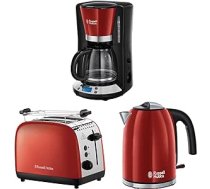 Russell Hobbs brokastu komplekta krāsas + sarkans: kafijas automāts [digitālais taimeris, dušas galva optimālai ekstrakcijai un aromātam] 24031-56 + tējkanna [1,7 L, 2400 W] 20412-70 + tosteris [2 šķēlēm] 26554-56