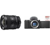 Sony SEL-20F18G pilna formāta objektīvs (FE 20 mm F1.8, īpaši platleņķa, viegls), melns un Alpha ZV-E10 APS-C bezspoguļa kamera ar maināmu objektīvu, melns