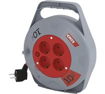 EMOS P19510 mini kabeļa spole 10 m / 4 virzienu kabeļu kaste / kabeļu rullis lietošanai iekštelpās, 4 Schuko ligzdas, 2300 W, termoslēdzis, 230 V, pelēks/sarkans