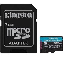 Kingston SDCG3/512GB microSD atmiņas karte 512GB microSDXC Canvas Go Plus 170R A2 U3 V30 ar SD adapteri ANEB0858C71LTT