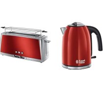 Russell Hobbs Luna tosteris ar garām ligzdām, sarkans, īpaši plata, 1 gara ligzda kamera, 6 regulējami brūnēšanas līmeņi + atkausēšanas un atkārtotas sildīšanas funkcija, 1420 W, 23250-56 & Colours+ tējkanna sarkana, 1,7 l, 2400 W