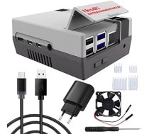 DVOZVO Retro Gaming Nes4Pi futrālis Raspberry Pi 4B, Raspberry Pi 4 futrālis ar ātro lādētāju QC 3.0 barošanas bloks, ventilators, radiators Raspberry Pi 4 8GB/4GB/2GB