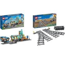 LEGO 60335 Pilsētas vilcienu stacija, rotaļlieta ar dzelzceļa kravas automašīnu, ceļa plāksni, sliežu posmiem un minifigūriņām, dāvanu komplekts un 60238 Pilsētas slēdži, 6 elementi, paplašināšanas komplekts