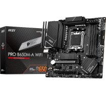 MSI PRO B650M-A WiFi ProSeries pamatplate (AMD Ryzen 8000/7000, AM5, DDR5, PCIe 4.0, M.2, SATA 6 Gb/s, USB 3.2 Gen 2, HDMI/DP, Wi-Fi 6E, Bluetooth 5.3, 2,5 Gb/s LAN, mATX)