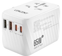 LENCENT starptautiskais ceļojuma adapteris, 65 W GaN3 universālais adapteris ar 2 PD3.0 tipa C+2 QC USB A, pasaules mēroga strāvas adapteris, "viss vienā" ceļojuma kontaktdakša ES/ASV/UK/AU rozetēm, balts