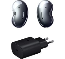 Samsung Galaxy Buds Live bezvadu Bluetooth austiņas ar trokšņu slāpēšanu (ANC), izturīgu akumulatoru, melnas krāsas (caurspīdīga versija) un ātro lādētāju, 25 W, C tipa USB ports (bez kabeļa)