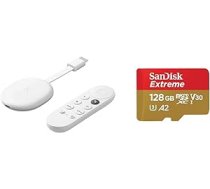 Chromecast ar Google TV Snow Chromecast franču valodā un SanDisk Extreme microSDXC UHS-I atmiņas karte 128 GB + adapteris viedtālruņiem