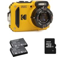 KODAK Pixpro Pack WPZ2 kamera + 2 akumulatori + 1 SD karte - kompakta 16 megapikseļu, ūdensizturīga līdz 15 metru dziļumam, triecienizturīga, video 720p, LCD displejs 2.7 - litija jonu akumulators - dzeltens