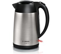 Bosch DesignLine TWK3P420 bezvadu tējkanna, bez šļakatām, tasīšu indikators, aizsardzība pret pārkaršanu, 1,7 l, 2400 W, nerūsējošais tērauds/ melns