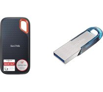 SanDisk Extreme Portable SSD 2TB un Ultra Flair USB 3.0 zibatmiņas diskdziņš 64 GB (Rescue Pro programmatūra, paroles aizsardzība, izturīgs, plāns metāla korpuss, 150 MB/s pārraides ātrums), zils