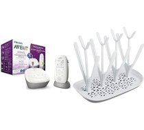 Philips Avent Audio bērnu monitors SCD733/26 - DECT tehnoloģija, Eco režīms, zvaigžņotā debess, interkoma funkcija, miega un nakts dziesmas, balts un SCF149/00 žāvēšanas plaukts, balts/zils