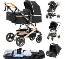 YAZOCO Bērnu ratiņi 3-in-1 Buggy Baby Bed Complete Set One Click Salokāms saliekams kombinēts ratiņu ratiņu komplekts ar alumīnija rāmi jaundzimušajiem (melns)