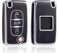 HIBEYO Flip Key Auto atslēgu futrālis piemērots Peugeot 207 407 308 607 atslēgu futrālim Silikona TPU aizsargvāciņš Citroen C1 Picasso Berlingo C-Crosser tālvadības pults 3 pogas sudraba krāsā melns