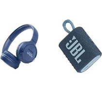 JBL Tune 510BT — Bluetooth austiņas zilā krāsā — salokāmas austiņas ar brīvroku funkciju un GO 3 maza Bluetooth kārba zilā krāsā — ūdensizturīgs pārnēsājams skaļrunis ceļojumiem ANEB0B8N96SBYT