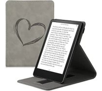 kwmobile aizsargmaciņš, kas saderīgs ar Amazon Kindle Paperwhite (11. paaudze — 2021. gads) - Korpuss e-lasītājs ar siksnas statīvu - Sirds suka pelēka