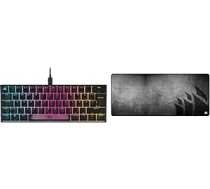 Corsair K65 RGB MINI 60% mehāniskā spēļu tastatūra, QWERTZ, melns un MM350 PRO šļakatu izturīgs Premium Fabric spēļu peles paliktnis (virsma 93 × 40 cm, mikrošķiedras audums) pagarināts XL, melns/pelēks ANEB09V82XX29T