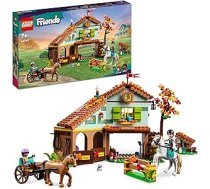 LEGO Friends rudens jāšanas staļļa komplekts ar 2 rotaļu zirgiem, pajūgu un jāšanas piederumiem, jāšanas stallis un zirga rotaļlietu, lauksaimniecības dzīvnieku dāvana meitenēm, zēniem un bērniem no 7 gadiem 41745