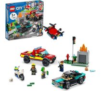 LEGO City Ugunsdzēsēju glābēju un policistu vajāšanas komplekts 60319 - bērnu ugunsdzēsēju un policistu konstruktors, 3 minifigūriņas, avārijas automašīna, patruļmašīna, motocikla rotaļlietas, dāvana zēniem un meitenēm vecumā no 5 ga