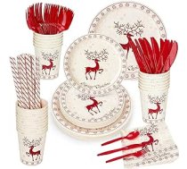 LATERN iepakojumā ir 200 Ziemassvētku papīra galda piederumi, 25 x šķīvji un salātu šķīvji, 25 x 270 ml krūzes, 25 x salvetes, 25 x atkārtoti lietojami naži, dakša, karote un salmiņi