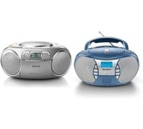 Philips AZ127/12 CD skaņas iekārta, pārnēsājams CD atskaņotājs (radio FM, kompaktdisks, kasešu komplekts, dinamisks basa pastiprinājums, audio ieeja) Sudraba un Karcher RR 5025-C pārnēsājamais CD radio (Boom Boxes, FM radio, AUX-In) Zils ANEB0B3DQ1GY7T