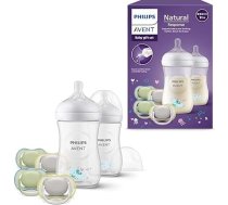 Philips Avent Natural Response dāvanu komplekts zīdaiņiem: 2 x Natural Response pudelītes 260 ml (no 1 mēneša), 4 x Ultra Air mantiņas (0-6 mēneši) (modelis SCD837/13).