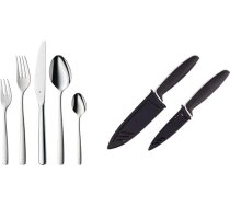 WMF Boston nerūsējošā tērauda galda piederumu komplekts 6 personām, galda piederumu komplekts 30 gabali, monobloka nažu komplekts 2 gab., virtuves nažu komplekts ar aizsargvāciņu, speciāls asmeņu tērauda nesadalāms pārklājums, melns