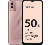 Nokia C32 6,5" HD+ viedtālrunis ar 4GB RAM/64GB ROM, 50MP/8MP kamerām, 5000 mAh, 3 dienu akumulatora darbības laiks, rūdīta stikla aizmugure, IP52 aizsardzība, pirkstu nospiedumu sensors un sejas atbloķēšana