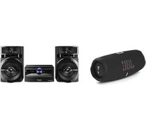 Panasonic Mini sistēma, divvirzienu skaļrunis un JBL Charge 5 Bluetooth skaļrunis melnā krāsā — ūdensizturīgs, pārnēsājams Boombox ar integrētu barošanas bloku un stereo skaņu — līdz pat 20 stundām mūzikas baudīšanas ANEB09Y94CRWFT