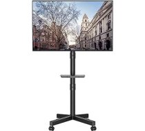 BONTEC mobilās televīzijas statīvs uz riteņiem, noliekts, regulējams augstums, rullējams TV ratiņš ar multivides paliktni 23-60 collu LED, LCD, OLED plakaniem un izliektiem televizoriem, iztur līdz 25 kg