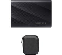 Samsung MU-PG1T0B/EU Portable SSD T9, 1 TB, 2000 MB/s nolasīšanai, 1950 MB/s ierakstīšanai, USB 3.2 Gen.2x2, dators, viedtālrunis un 12K fotokameras, MU-PG1T0B/EU + Amazon Basics cietā diska futrālis, melns