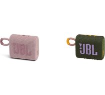 JBL GO 3 Small Bluetooth Box rozā krāsā - ūdensizturīgs portatīvs skaļrunis kustībām - līdz 5 stundām atskaņošanas laika ar vienu akumulatora uzlādi & GO 3 Small Bluetooth Box zaļā krāsā - ūdensizturīgs