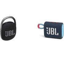 JBL Clip 4 Bluetooth skaļrunis melnā krāsā - ūdensnecaurlaidīgs pārnēsājams mūzikas skaļrunis ar praktisku karabīni un GO 3 neliels Bluetooth skaļrunis zilā un rozā krāsā