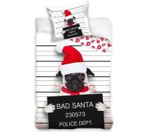 MTOnlinehandel Gultas veļas komplekts 135 x 200 cm - Smieklīga Ziemassvētku gultasveļa - Bad Santa Pug Ziemas motīvs Priecīgus Ziemassvētkus - 135 x 200 + 80 x 80 cm - 100% kokvilna - bērniem, pusaudžiem, pieaugušajiem