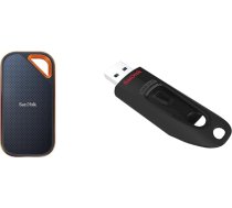 SanDisk Extreme PRO Portable SSD ārējais SSD 2TB un Ultra USB 3.0 zibatmiņas disks 128GB (SecureAccess programmatūra, paroles aizsardzība, pārraides ātrums līdz 130MB/s), melns