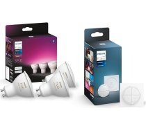 Philips Hue White & Color Ambiance GU10, 3 gabali, ieskaitot Hue Tap Dial slēdzi, 3 x 350 lm, ar iespēju regulēt apgaismojumu, līdz 16 miljoniem krāsu, vadāms ar lietotni, saderīgs ar Amazon Alexa (Echo, Echo Dot)