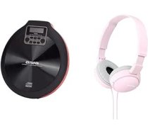 CD atskaņotājs AIWA PCD-810RD sarkans/melns un Sony MDR-ZX110 salokāmas austiņas Jaudīga skaņa rozā krāsā ANEB0BK7QQ32DT