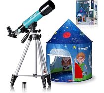 Bresser Junior Lens Telescope 50/360 bērniem — astronomijas sākuma komplekts ar telti, refraktora teleskopu, statīvu, azimuta stiprinājumu, okulāriem un zenīta spoguli, zils