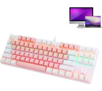 Mehāniskā rozā spēļu tastatūra, 87 taustiņi, vadu USB portatīvo datoru tastatūra, RGB fona apgaismojums, īpaši kompakta tastatūra datoram (rozā un balta)