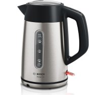 Bosch DesignLine TWK4P440 bezvadu tējkanna, bez šļakatām, krūzes indikators, ūdens līmeņa indikators, aizsardzība pret pārkaršanu, 1,7 l, 2400 W, nerūsējošais tērauds/melns