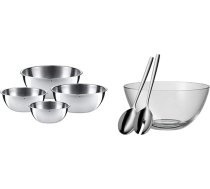 WMF Gardēžu trauku komplekts 4 gab., nerūsējošā tērauda trauki virtuvei 0,75 l - 2,75 l & Taverno salātu trauku komplekts 3 gab., salātu servīzes 25 cm ar salātu bļodu, apaļa bļoda 23,5 cm, stikla, 43 x 30 x 30 cm