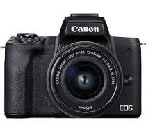 Canon EOS M50 Mark II kamera + objektīvs EF-M 15–45 mm F3.5-6.3 ir STM (24,1 MP, 7,5 cm skārienekrāna LCD, Wi-Fi, HDMI, Bluetooth, divu pikseļu CMOS AF sistēma, Eyes AF, 4K video , OLED EVF), melns