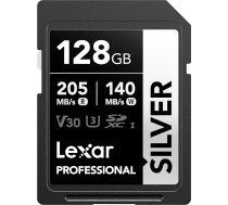 Lexar Silver SD karte 128 GB, UHS-I SDXC karte, 205 MB/s lasīšanas ātrums, 140 MB/s rakstīšanas ātrums, V30, U3, C10, 4K UHD video, SD atmiņas karte ar Lexar Lifetime datu atjaunošanas funkciju